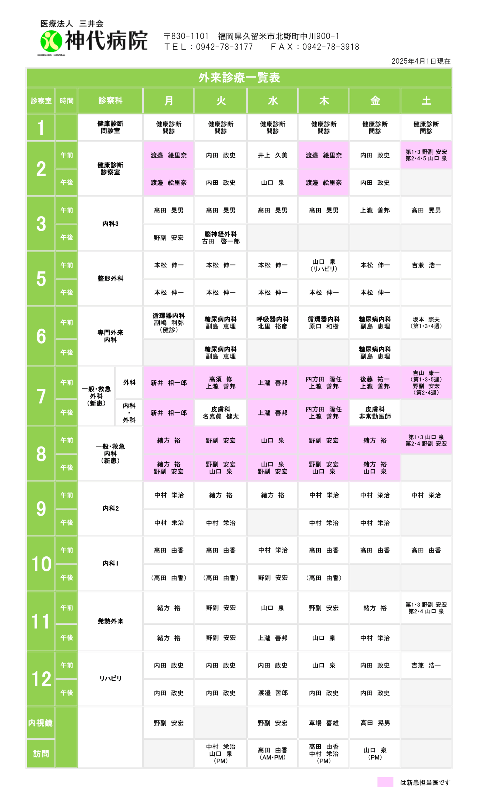 神代病院外来診療一覧表