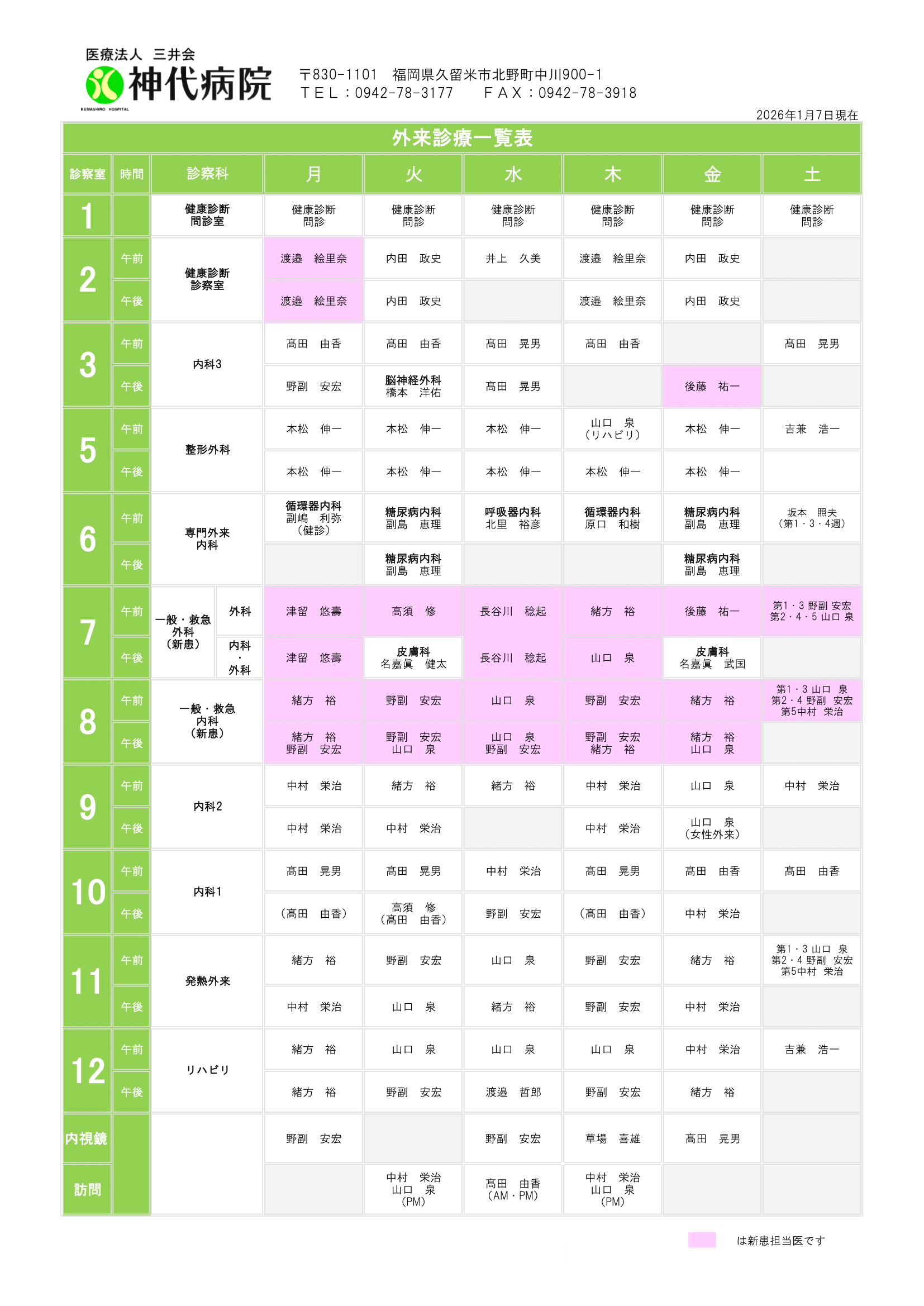 神代病院 外来診察予定表