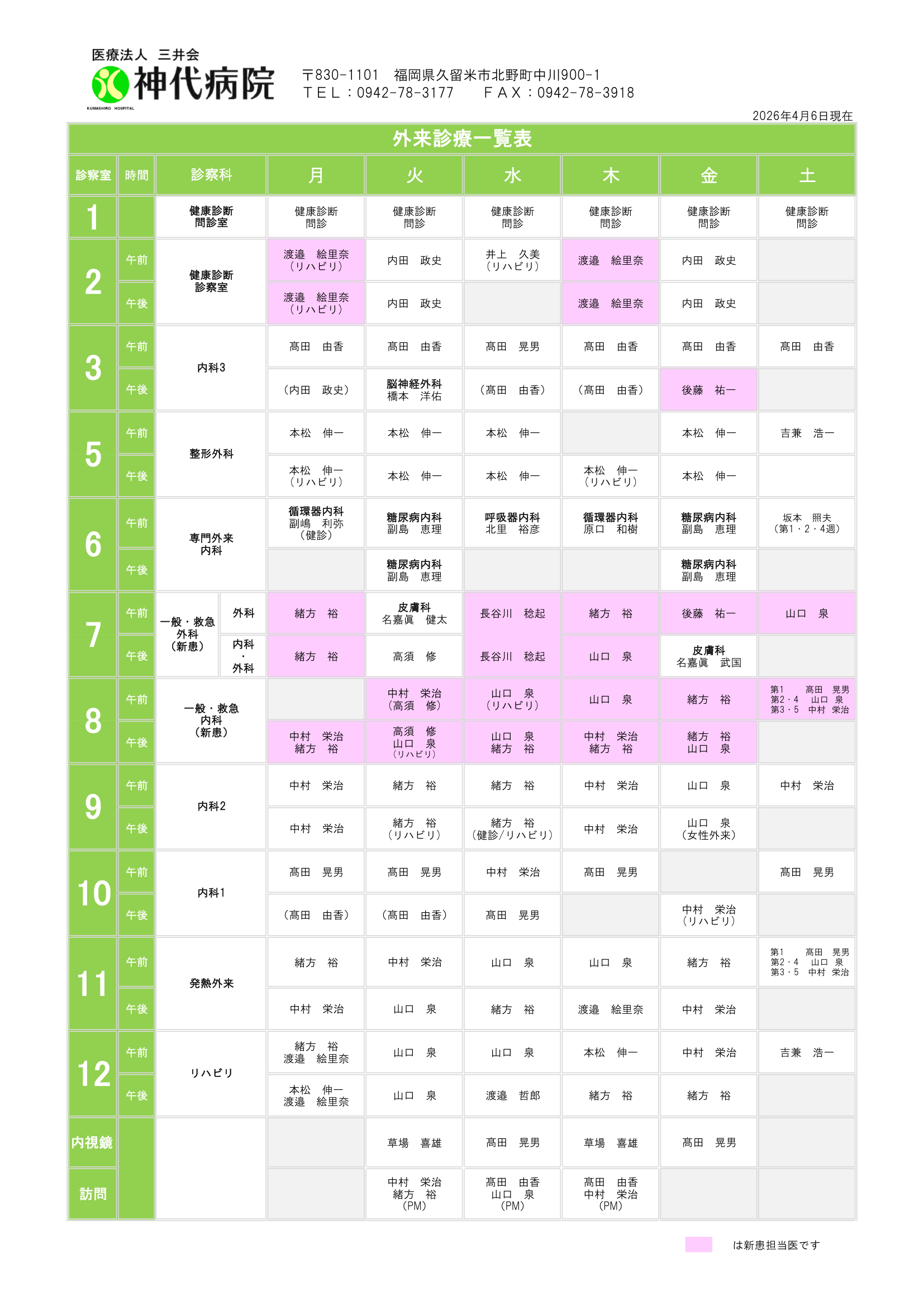 神代病院 外来診察予定表