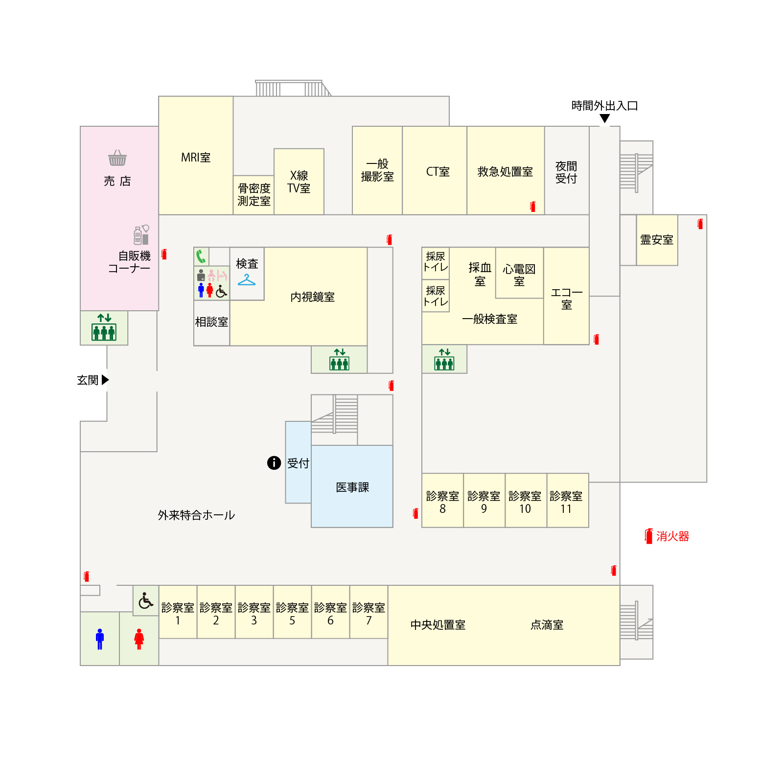 神代病院1階フロア図 総合受付・外来・健康診断・CT・MRI・内視鏡検査